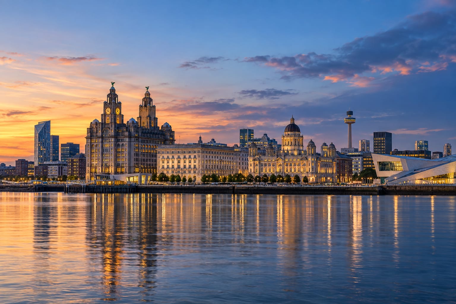 The Liverpool waterfront at dusk, with the Royal Liver Building, Cunard Building and Port of Liverpool Building
